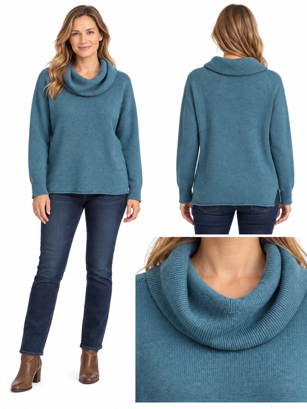 Size L Benedetta.b Women’s Teal Wool Cashmere Knit Cowl Neck Long Sleeve Sweater - Picture 2 of 9